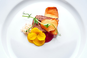 Set Food Menu On A White Plate. Top view steak on white dish perfect serve