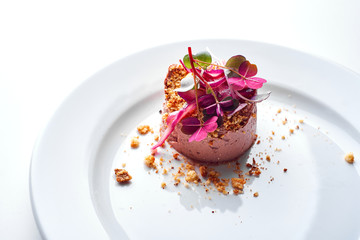 Set Food Menu On A White Plate. Top view of light dish perfect served. Meat pate on a plate