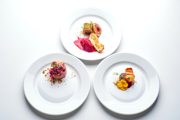 Set Food Menu On A White Plate. Top view of light dish perfect served.