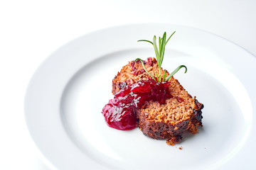 Goose pate. Set Food Menu On A White Plate. Top view of light dish perfect served.