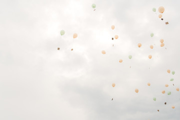 Balloons in pastel flying into cloudy soft sky