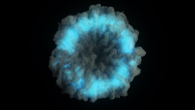 Abstract portal in thick puffs of smoke on an isolated black background. Glowing blue neon light in the smoke. Seamless loop 3d render