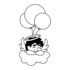 cute cupid angel with helium balloons on white background