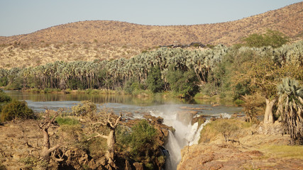 Epupa Falls Waterfall with Baobab trees at the border of Namibia and Angola in Kaokoland, Southern...