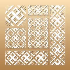 Laser cut vector panels (ratio: 1:1, 1:4, 2:1, 2:3, 3:1). Cutout silhouette with geometric seamless pattern.The set is suitable for engraving, laser cutting wood, metal, stencil manufacturing.