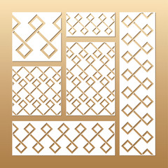 Laser cut vector panels (ratio: 1:1, 1:4, 2:1, 2:3, 3:1). Cutout silhouette with geometric seamless pattern.The set is suitable for engraving, laser cutting wood, metal, stencil manufacturing.