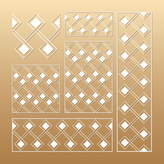 Laser cut vector panels (ratio: 1:1, 1:4, 2:1, 2:3, 3:1). Cutout silhouette with geometric seamless pattern.The set is suitable for engraving, laser cutting wood, metal, stencil manufacturing.