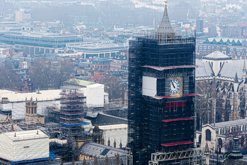 Big Ben clock in London maintenance repairs. Famous clock tower in England under construction,...