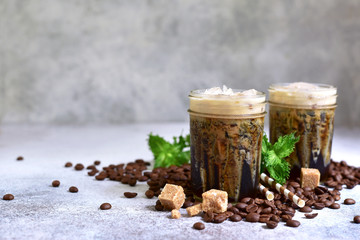 Traditional greek summer coffee drink frappe with mint.