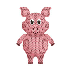 Illustration of a funny knitted  pig toy. On white background