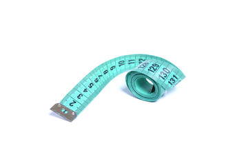Closeup view of blue measuring tape isolated over white background