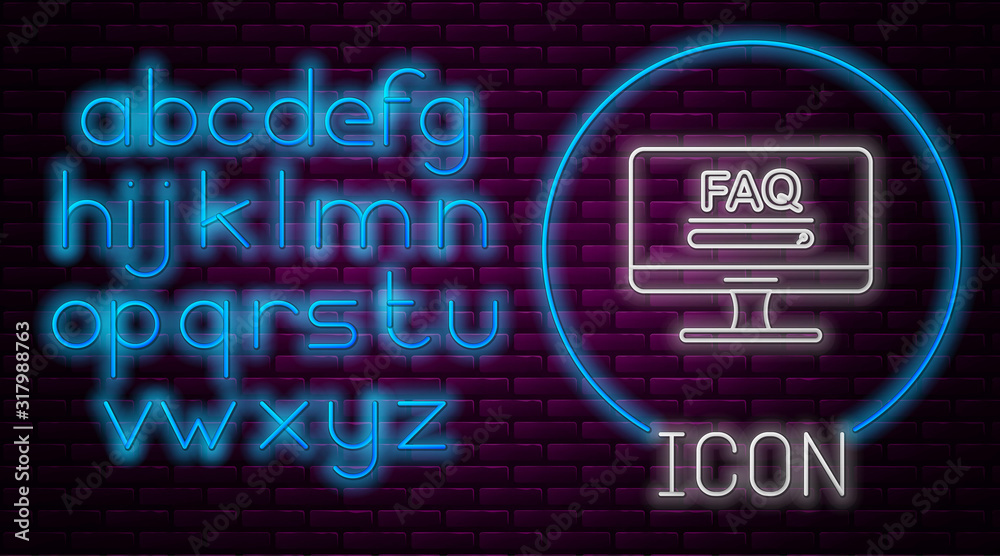 Fototapete glowing neon line computer monitor with text faq information icon isolated on brick wall background.
