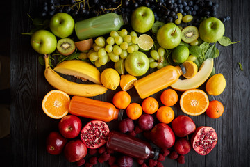Various healthy fruits and vegetables formed in rainbow composition