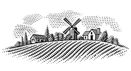 Rural landscape with windmill and village houses engraving style illustration. Vector. 