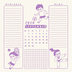 2020 Calendar template with kids and sport Equipments : Vector Illustration