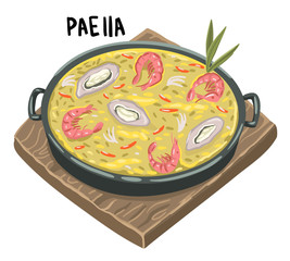 Traditional spanish seafood paella in pan rice, shrimps, mussels, on white background. Top view. Vector drawing