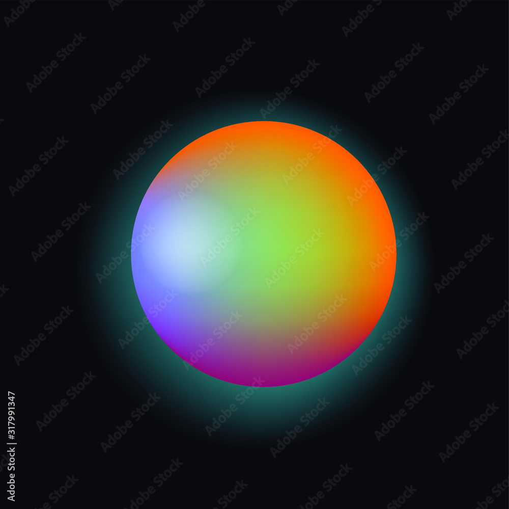 Poster glowing neon sphere on dark background. retrowave and synthwave style illustration.