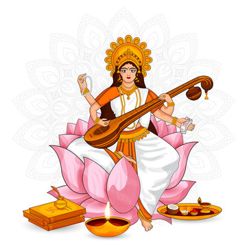 Beautiful Goddess of Wisdom, music, and knowledge Maa Saraswati vector illustration on the indian festival mandala background on Basant panchami.
