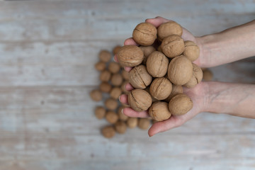 Hands holding whole walnuts on rustic old wooden table