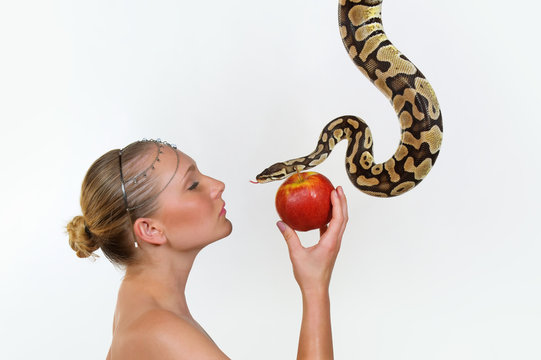 A young woman holds up a red apple while  a python snake approaches the delicious  fruit from above.