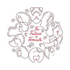 Vector circular concept modern linear style women silhouettes isolated on white background.