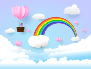 Colorful air balloon in the sky, valentine day , paper art style