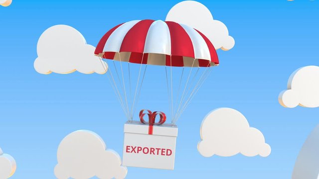 Box with EXPORTED text falls with a parachute. Loopable conceptual 3D animation