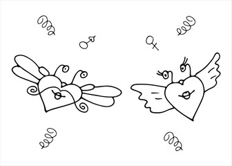 Valentines day background with heart,  illustration Continuous line drawing two hearts embracing Love symbol romantic design