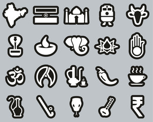 India Country & Culture Icons White On Black Sticker Set Big