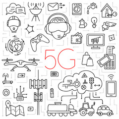 Concept on the topic of 5g technology. Banner with a set of linear icons. Vector design elements in outline style. Modern wireless technologies, future Internet, network communication.