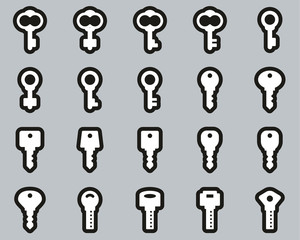 Keys Or Various Shapes Of Keys Icons White On Black Sticker Set Big