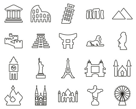 Landmarks Of The World Icons Black & White Thin Line Set Big