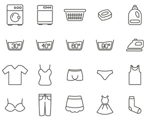 Laundry Or Washing Clothes Icons Black & White Thin Line Set Big