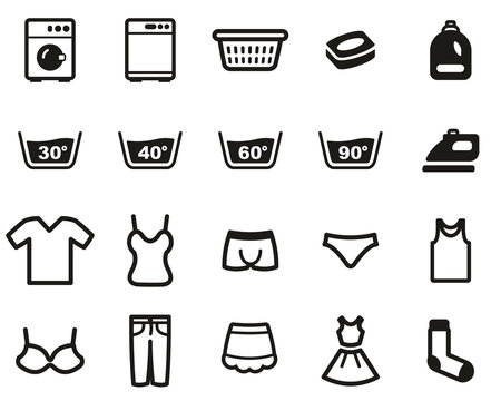Laundry Or Washing Clothes Icons Black & White Set Big