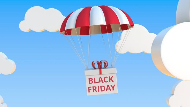 Box with BLACK FRIDAY text falls with a parachute. Loopable conceptual 3D animation