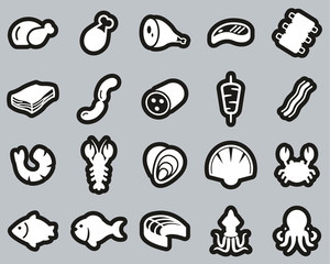 Meat & Seafood Icons White On Black Sticker Set Big