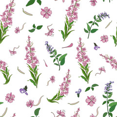 Seamless pattern with pink blooming sally flowers and basil flowers. © Svetlana Zinovyeva