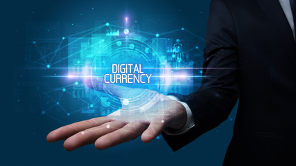 Man hand holding DIGITAL CURRENCY inscription, technology concept