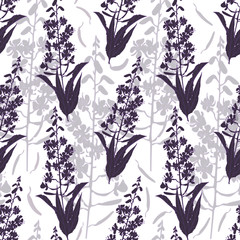 Seamless pattern with silhouettes of blooming sally flowers.