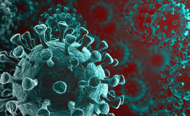 Coronavirus 2019-nCov novel coronavirus concept resposible for asian flu outbreak and coronaviruses influenza as dangerous flu strain cases as a pandemic. Microscope virus close up. 3d rendering. - obrazy, fototapety, plakaty