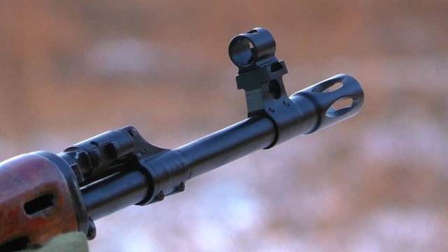 The muzzle of an army rifle with a sighting. Shooting from the Russian tiger carbine.