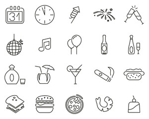 New Years Eve Or New Years Party Icons Black & White Thin Line Set Big