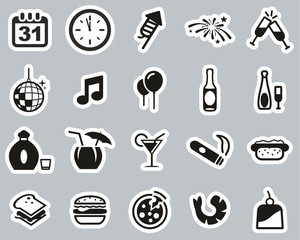 New Years Eve Or New Years Party Icons Black & White Sticker Set Big