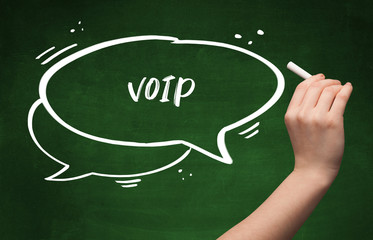 Hand drawing VOIP abbreviation with white chalk on blackboard
