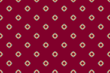 geometric octagon ornament on magenta color background. Seamless illustration. For interior design, wallpaper, greeting card, fabric print, scrapbooking. Graphic Design with orange and gray circles