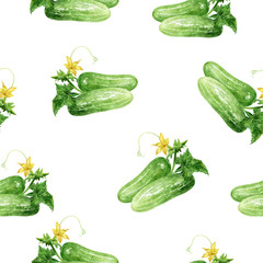 Cucumbers watercolor illustration seamless pattern.