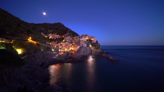 Manarola village, Evening, Night, long shot, Cinque Terre, Liguria, Italy, UNESCO