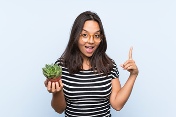 Young brunette woman holding a plant pointing up a great idea