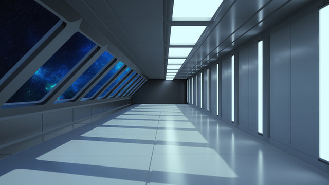 3d render. Futuristic spaceship scifi corridor architecture