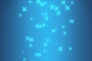 Game style motion background. Cross glowing neon particles. Blue color.